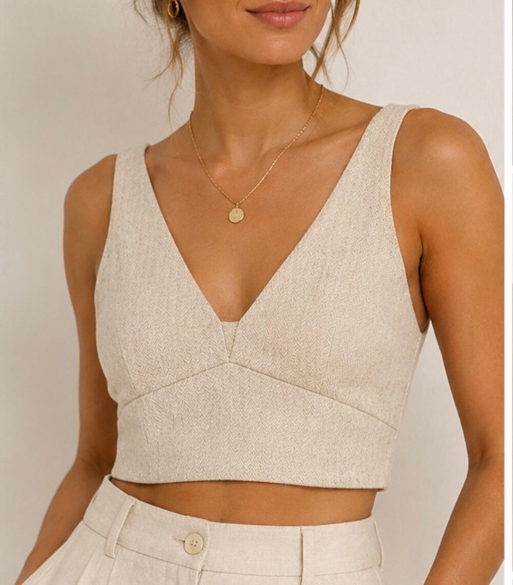 Banana Republic Linen Blend Crop Tank Top Beige Herringbone Size 14 Quiet Luxe